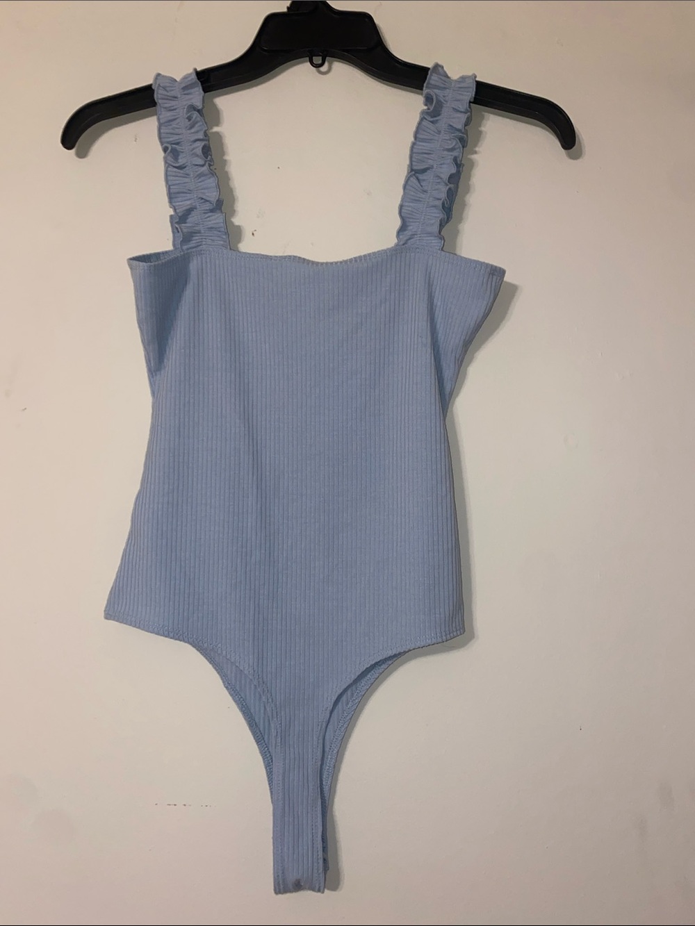 Double Zero Sky Blue Ribbed Ruffle-Strap Bodysuit - Picture 3 of 4